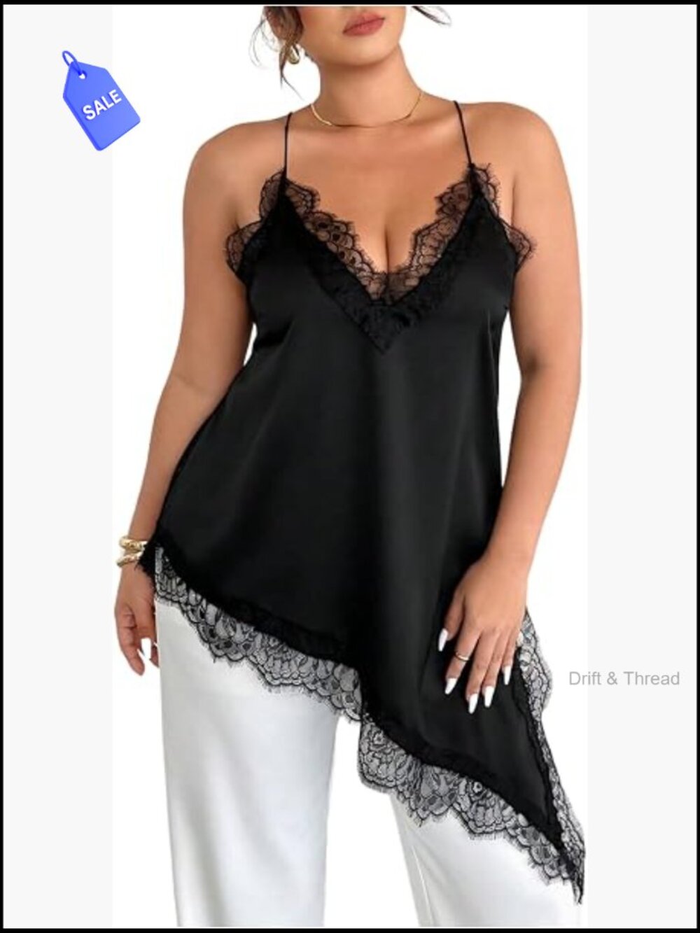Plus Size Lace Trim Cami V Neck Spaghetti Strap Asymmetrical Long Tank Top
